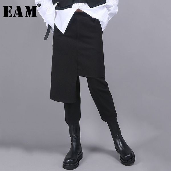 

eam] high elastic waist asymmetrical false two harem trousers new loose fit pants women fashion tide spring autumn 2020 1r858 1017, Black;white