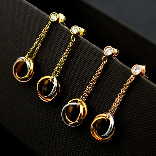 

autumn stud new fashion brand three ring titanium steel earrings 18k gold rose silver pendant earrings suitable for couple gifts, Golden;silver