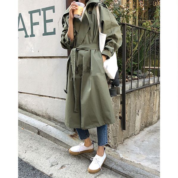

autumn double-breasted women's windbreaker lapel army green lace-up fashion casual solid color long coat, Tan;black