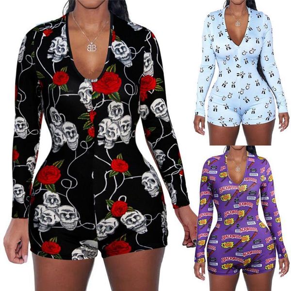 

women v-neck animal print bodycon sleepwear jumpsuit button bodysuit shorts romper 3 colors leotard long sleeve bodysuit, Black;white