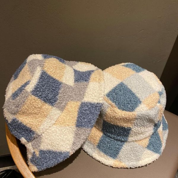 

202009-39382 wintertowel fabric for warmth block pattern lady bucket cap men women outdoor leisure hat, Blue;gray