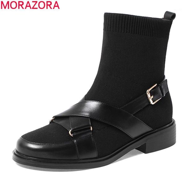 

boots morazora 2021 arrive genuine leather leisure ankle low heel round toe autumn fashion shoes woman boots1, Black