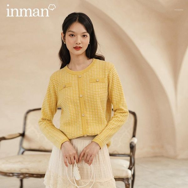 

inman 2020 autumn new arrival elegant temperament round collar weave fresh temperament sweater1, White;black