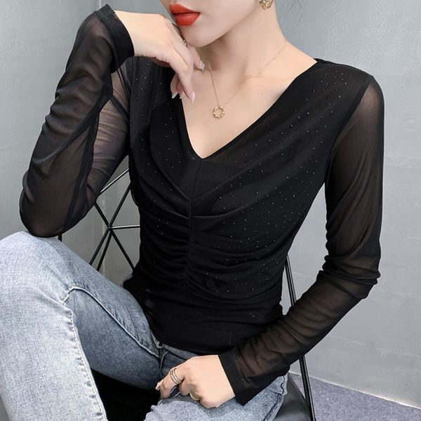 

mesh t- shirt drill v-neck long sleeve t-shirt for women autumn winter 2020 new foreign style bottomed blouse slim fashion, White