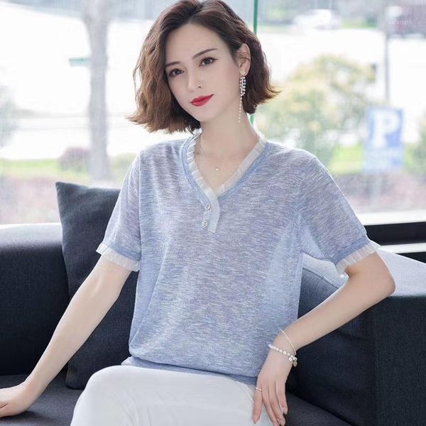 

loose knitted summer short sleeve pullover shirt women fashion v-neck thin pull jumper short femme ice silk cool pull1, White;black