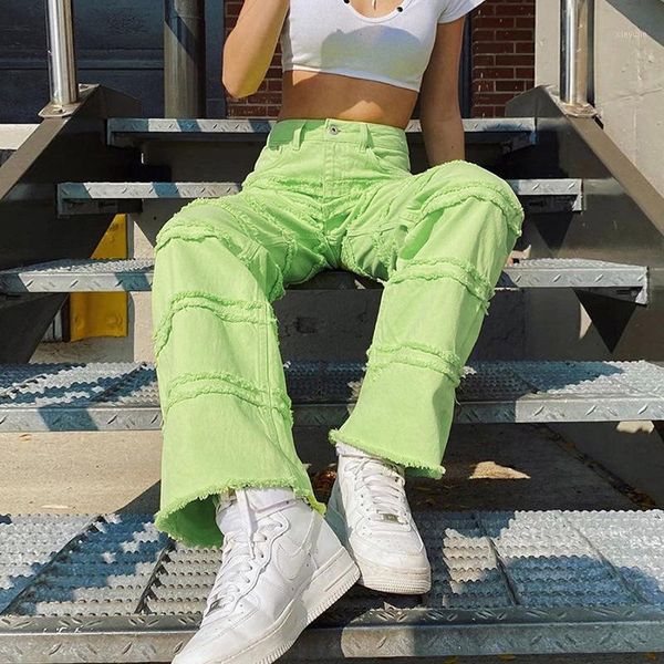 

fluorescent green trousers for women casual high waist zipper pockets straight long pants joggers street loose slacks autumn1, Blue
