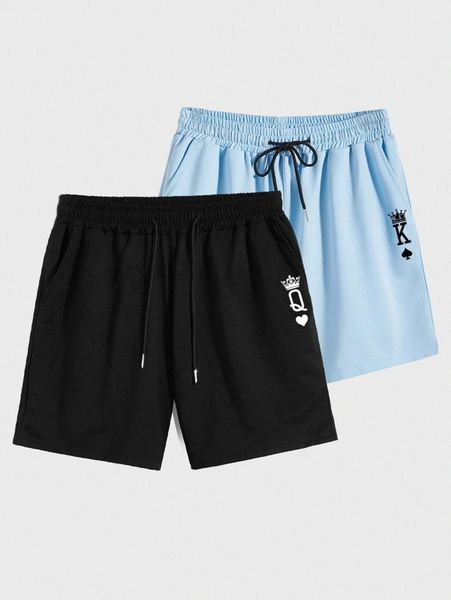 

men 2pcs drawstring waist playing card print shorts n6tu#, Black