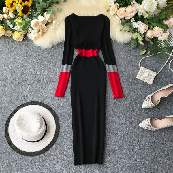 

autumn new v-neck women slim knitted dresses black stretch long-sleeved elegant winter knitting sweater long pencil dress lj200909, Black;gray