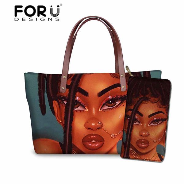 

forudesigns black art african lady girls handbags for women luxury shoulder bag females 2pcs handbag&purse set sac a main 2020