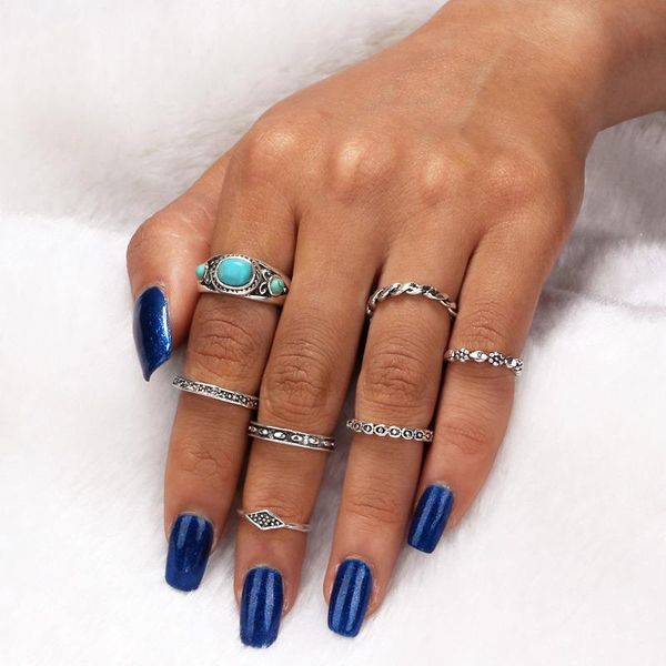 Cluster Rings 7pc / set Vintage Big Blue Stone Punk Antique Carved Fashion Midi Finger per le donne Bohemian Knuckle Ring Set Jewelry Anelli