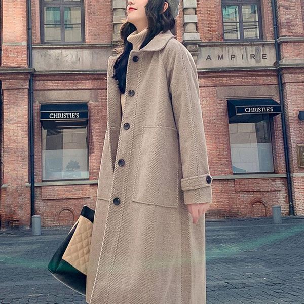 

wool blend long coat women long sleeve fall outwear jacket korean casual autumn winter elegant overcoat woolen coat plus1, Black