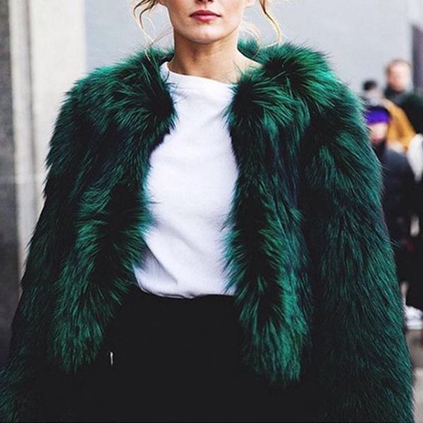 

zoki faux fur women short coat winter green warm zipper plush long sleeve solid loose female jacket elegant ladies outwear, Black