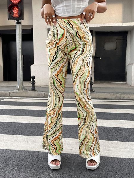 

high waist allover print flare leg pants 29oo#, Black;white