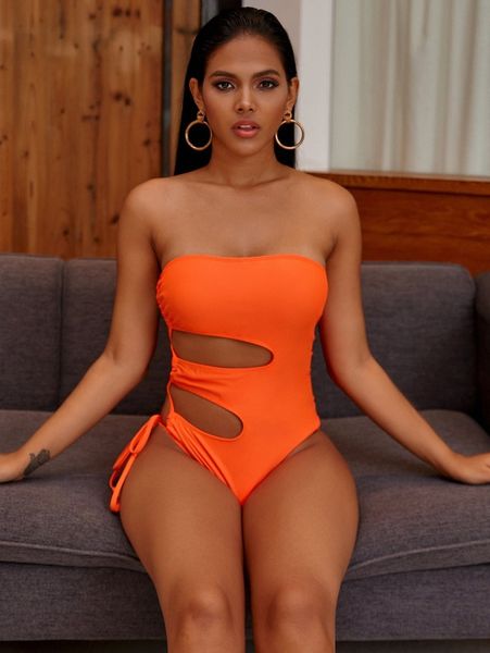 

cut-out tie side one piece swimsuit h870#, White;black