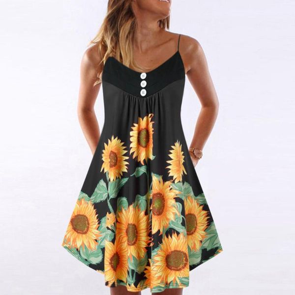 

women sunflower print dress crisscross back a-line cami dress summer spaghetti strap high waist sleeveless dresses, Black;gray