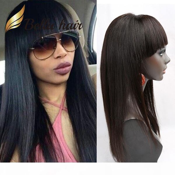 

glueless full lace wigs with bangs natural brown color straight lace front virgin human hair wig raw indian bella hair 360 lace wig, Black