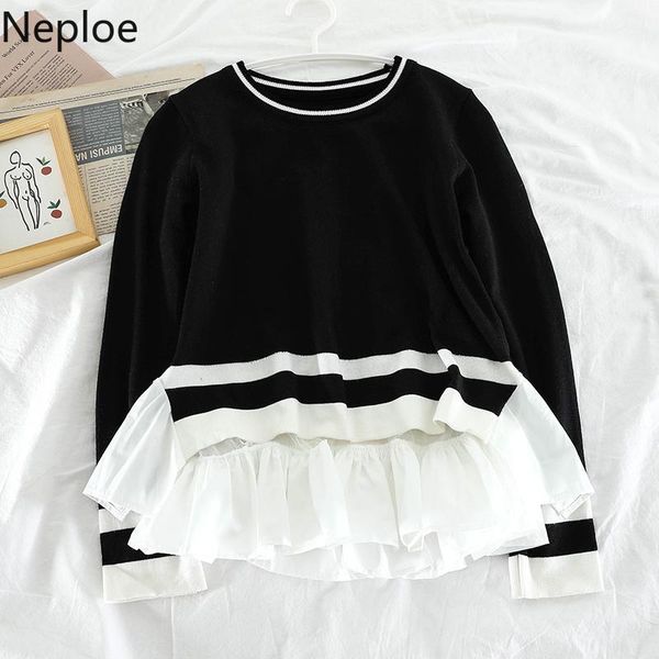 

neploe fashion korean knitted pullovers winter clothes woman sweater women patchwork fake two jumper o-neck ruffles sueter 4f3321, White;black