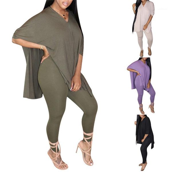 

women sport two piece set v-neck side split t-shirt leggings pants jogger sweatpants suit tracksuit matching set outfits1, Gray