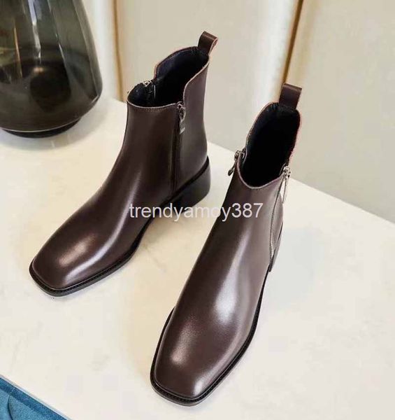 

boots short boots women's autumn and winter korean thick heel middle brown soft leather british spring, Black