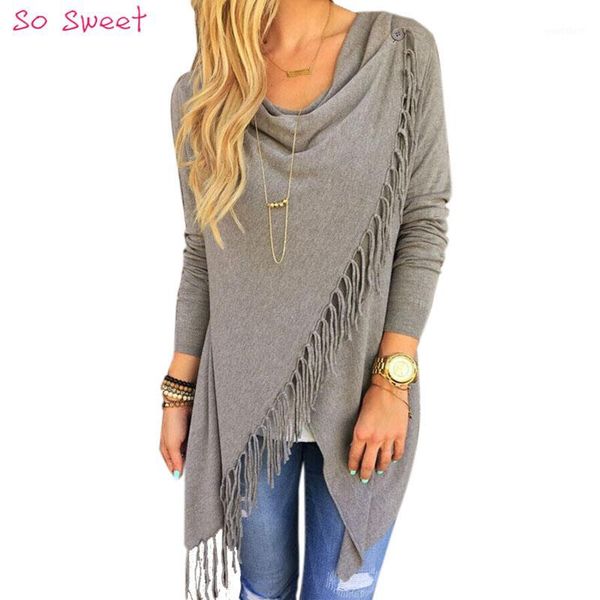 

wholesale-2015 fashion women tassel poncho jacket long sleeve irregular long cardigan coat plus size s-xl so68581, White
