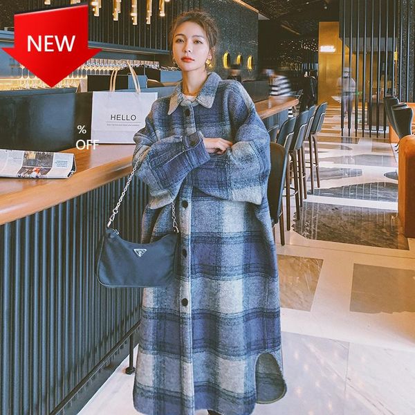 

color lapel single-breasted loose casual long woolen coat autumn winter 2020 new female jacket plaid gray blue contrast, Black
