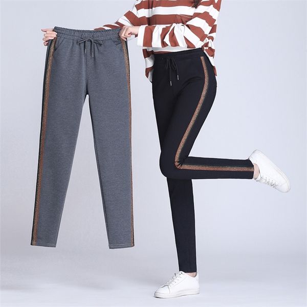 

spring summer new ladies side striped black harem pants breathable casual elastic waist pencil pants women simple suit trouser 201228, Black;white