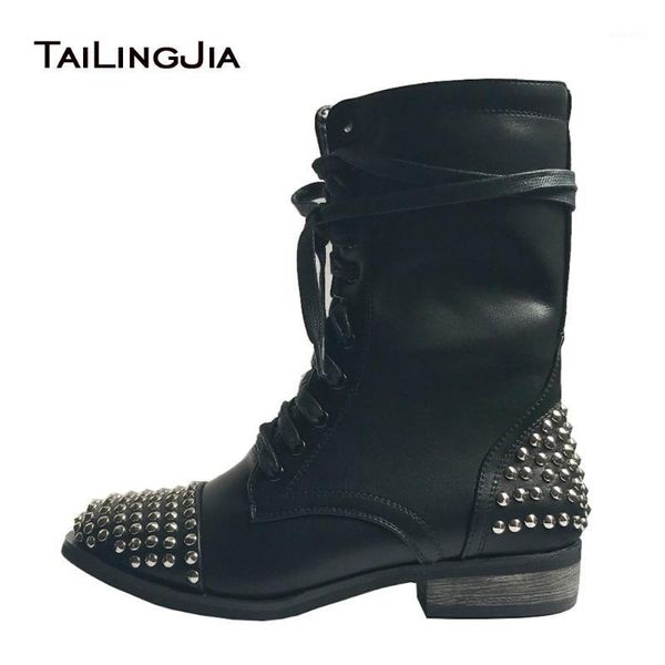 

women combat boots black 2020 flat rivets ankle boots cool girl studs booties lace up punk shoes rocker