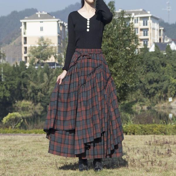 

new long maxi a-line elastic waist women winter thick plaid chinese style s-2xl cotton irregular skirts1, Black