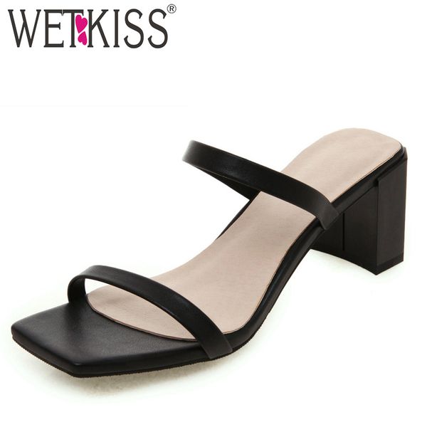 

wetkiss summer slippers high heels party mules shoes ladies 2020 new women slides fashion shoes female concise pu shoes black x1020
