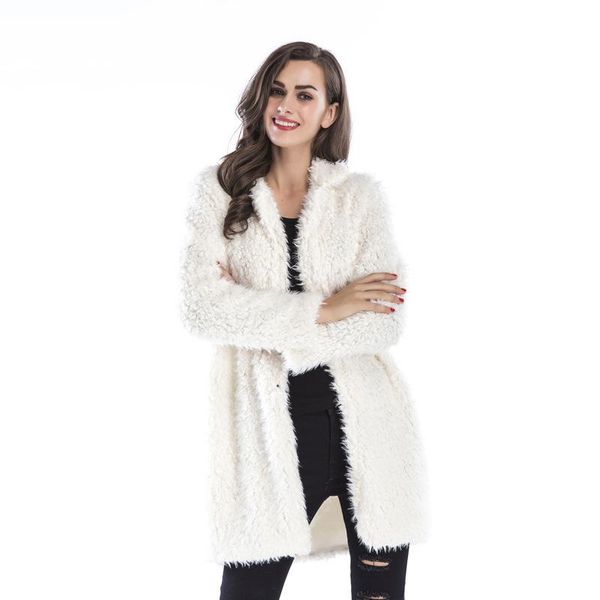 

women's fur & faux autumn and winter high-end elegant lamb wool long-sleeved coat fashion jacket lapel furry long, Black