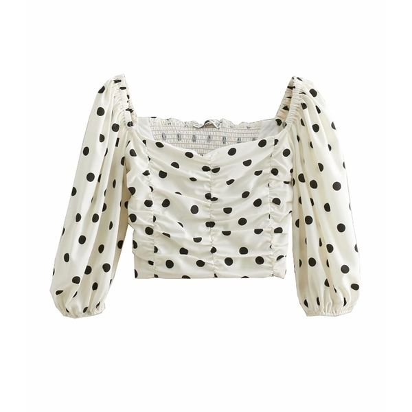 

women slash neck polka dots printing casual short blouse shirt women lantern sleeve pleats femininas chemise lj200812, White