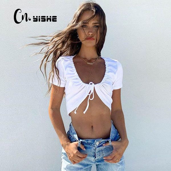 

cnyishe 2020 summer t-shirts short sleeve drawstring women tee t shirts slim female crop streetwear solid basic shirts1, White