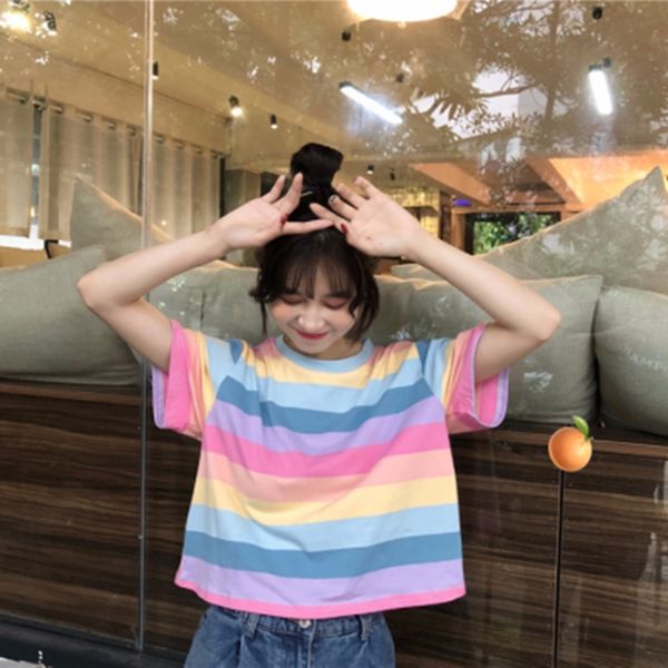 

женщины 2020 летний корейский платье dresst футболку платье новый свободный и versatileaya радуга полосой короткий рукав футболка женская ст, White