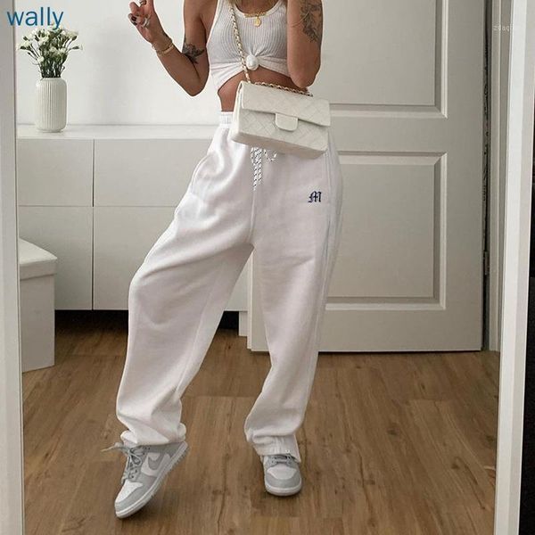 

streetwear drawstring embroidery side zipper white sweatpants joggers women 2020 harajuku wide trousers hip hop y2k pants capris1, Black;white