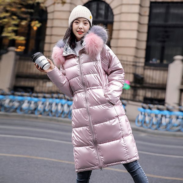 

disposable bright face women's down cotton jacket 2020 winter new thick hooded fur collar mid-length casual clothes, Black