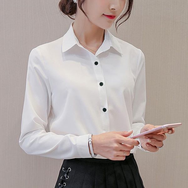 

simple office lady buttons lapel shirts women blouse spring autumn blouses leisure long sleeve blusas work casual shirt, White