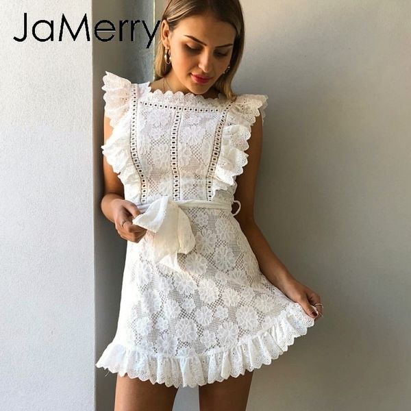Jamerry Boho вышивка белые кружева женщин мини-платье, выладьте головокружение raffled праздник летнее платье повседневная сексуальное пляжное платье Vesti T200320