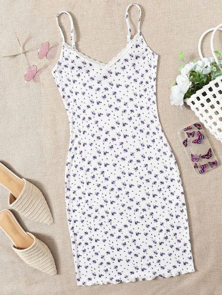 

lace trim ditsy floral dress l3qz#, Black;gray