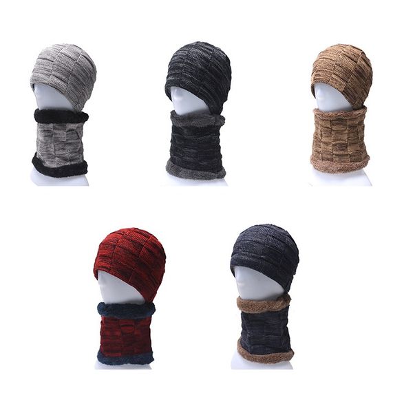 

winter cap bib suit with velvet and thickened wool cap for mens knit cap for autumn and winter, Blue;gray