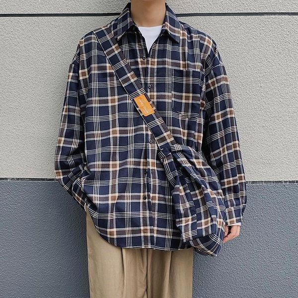 

men's casual shirts 2021 spring and autumn hong style small youth plaid long-sleeved tide male japanese loose shirt with school bag -2, White;black