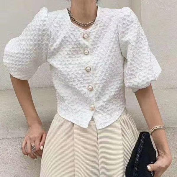 

summer blusas korean hook casual blouse sweet lantern sleeve women crop single breasted slim waist shirt french female1, White