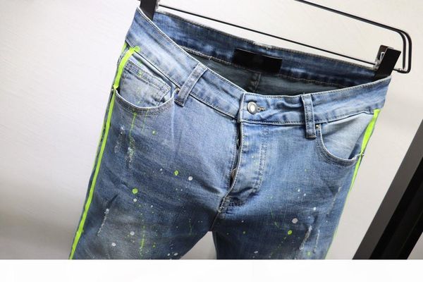 

new arrivals solid classic style fashion straight fit biker designer mens jeans stripe broken hole stripes pants us size 29-40, Blue