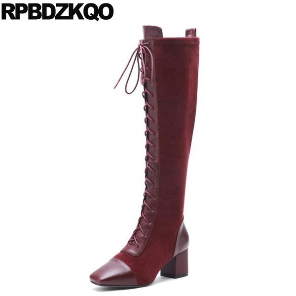 

shoes tall square toe suede fur chunky custom women boots winter 2020 knee high lace up heel wine red long black ladies autumn