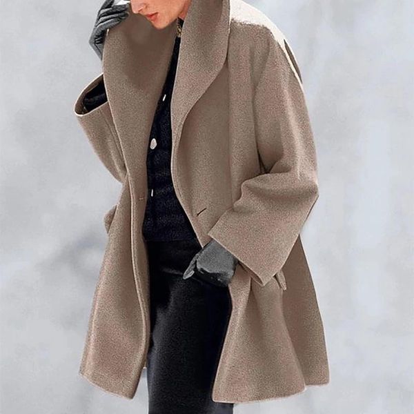 

women's wool & blends loose office coats and women jackets autumn winter casual solid windbreakers long sleeve outerwear abrigos para, Black