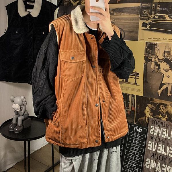 

sleeveless retro vest pocket thicken fashion loose streetwear fleece vest casual plus size veste sans manche men coat de50mbx1, Black;white