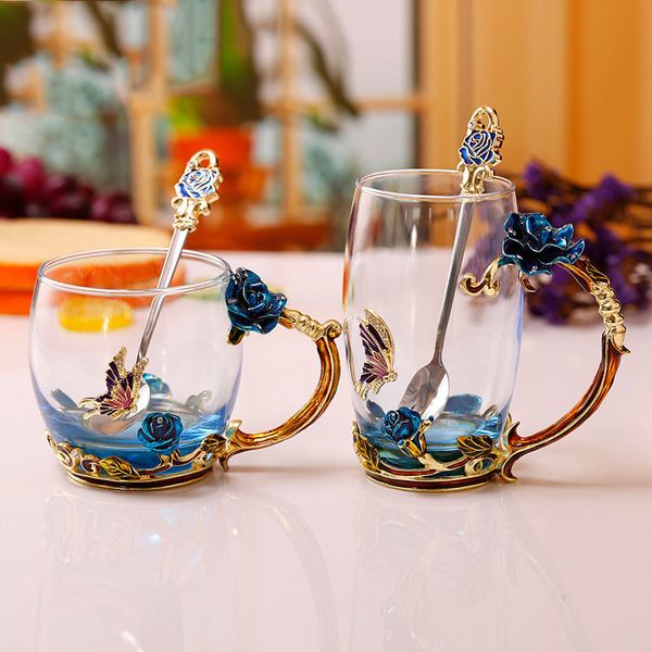 

enamel coffee tea cup mug 3d rose butterfly glass cups wedding gift novelty elegant carved with spoon bdf99 q0105