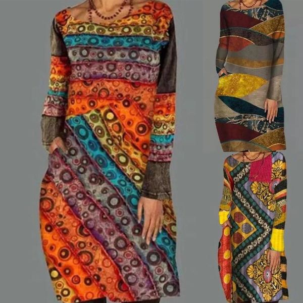 

casual dresses vintage women circle ethnic print o neck long sleeve party knee-length dress, Black;gray