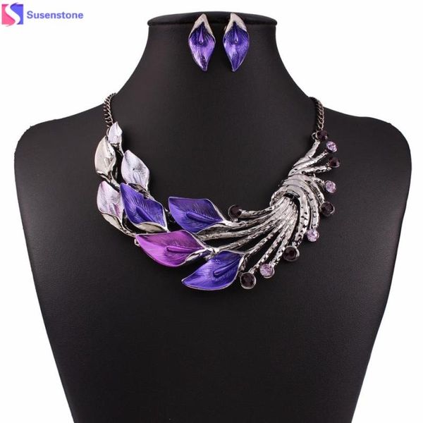 

women purple peacock enamel festoon bib jewelry stud set geometric spell color enamel jewelry big vintage hit color #3-4, Silver