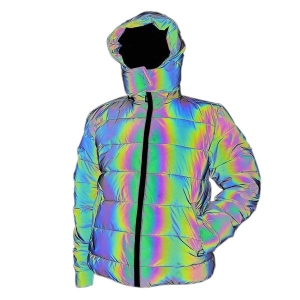

2020 women colorful rainbow reflective light winter jacket windbreaker reflecting glow hooded parka young men warm padded coat y200101, Black;brown