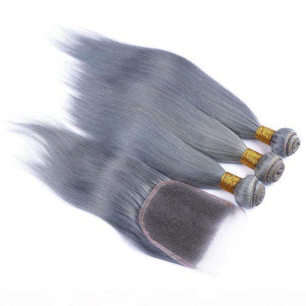 

9a malaysian silver grey human hair with closure 4pcs lot malaysian virgin hair silky straight 3bundles with 1pc grey color lace closure, Black